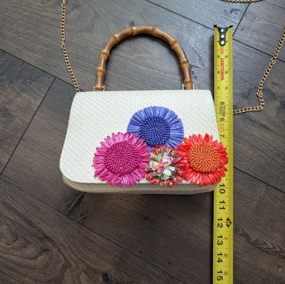 Haute Hippie White Woven Top-Handle Bag with Pink, Blue & Red Floral Appliqués - Picture 3 of 11